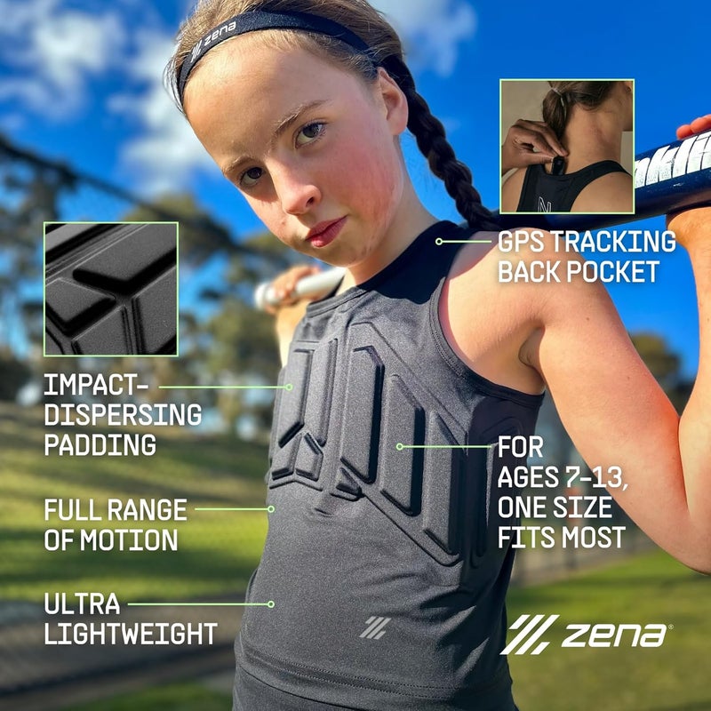Zena Sport - Youth Chest Protector Vest for Girls - for Contact Sports, Softball, Lacrosse, Football & More - Sternum, Heart & Rib Protection - Ages 7-13 - Black - One Size - Image 4